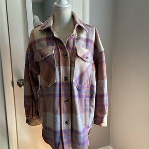 SO Women's Flannel Wool Jacket, Pink Cream and Blue, Oversized Fit! M/L